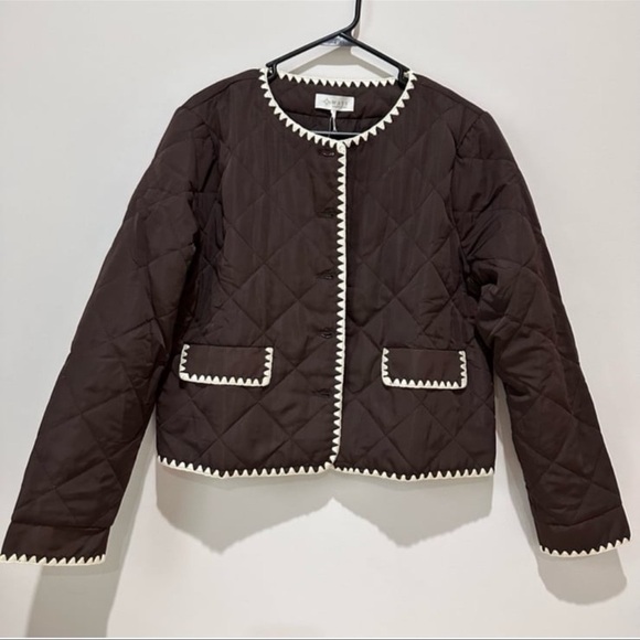 Wayf Jackets & Blazers - WAYF Whipstitch Quilted Black & White Buttoned Jacket Sz L Preppy Grannycore NWT